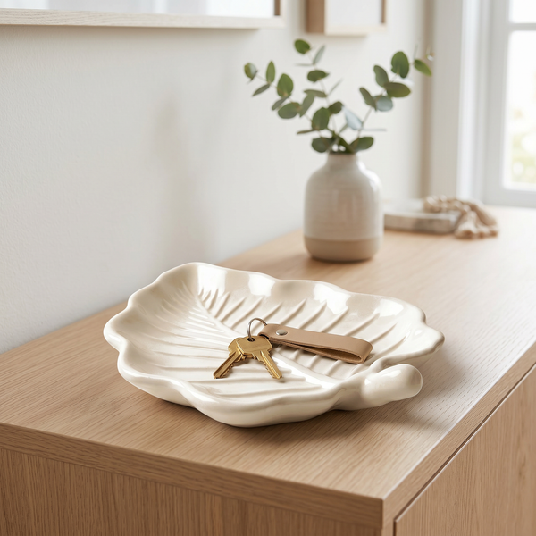 Elm Leaf Decorative Tray, Gypsum White – 6 Inch